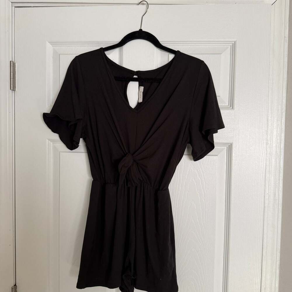 Entro Tie Front Romper Black Cutout Short Sleeve
